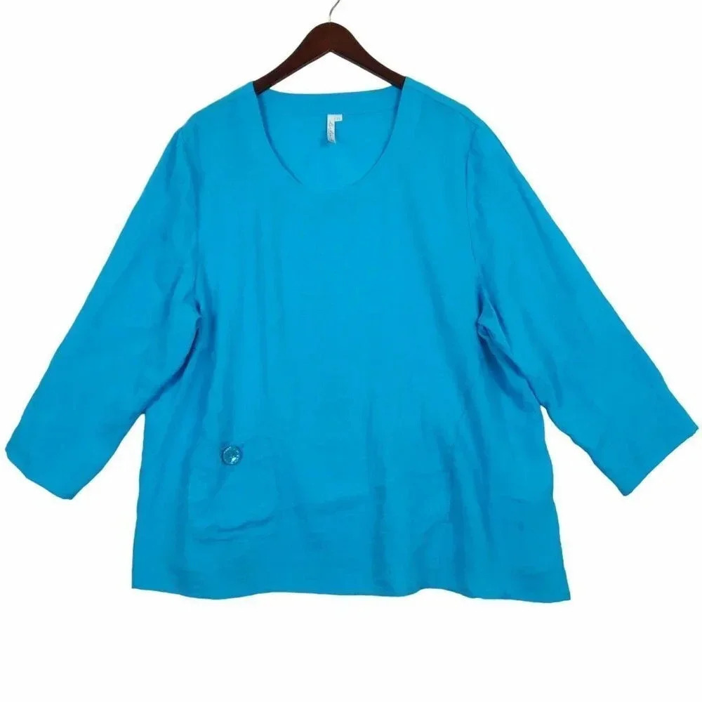 Lulu B Long Sleeve Tunic Top Women's Plus Size 1X Aqua Blue Pocket Lagenlook